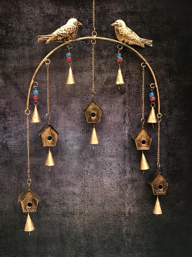 DULI Metal Rustic Windchime Wall Hanging, Feng Shui, Wall Art, Diwali Home Decor, Positive Vibes (Metalwallhanging: Birdhouse), Golden - Image 2