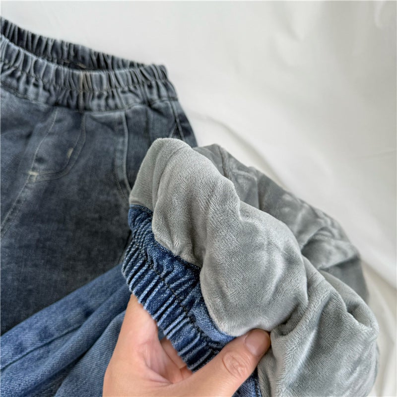 Gl-Kids Korean Style Winter Children'S Fleece-Lined Thickened Denim Hallen Pants Baby Boys And Girls All-Match Warm Carrot Pants - Image 4