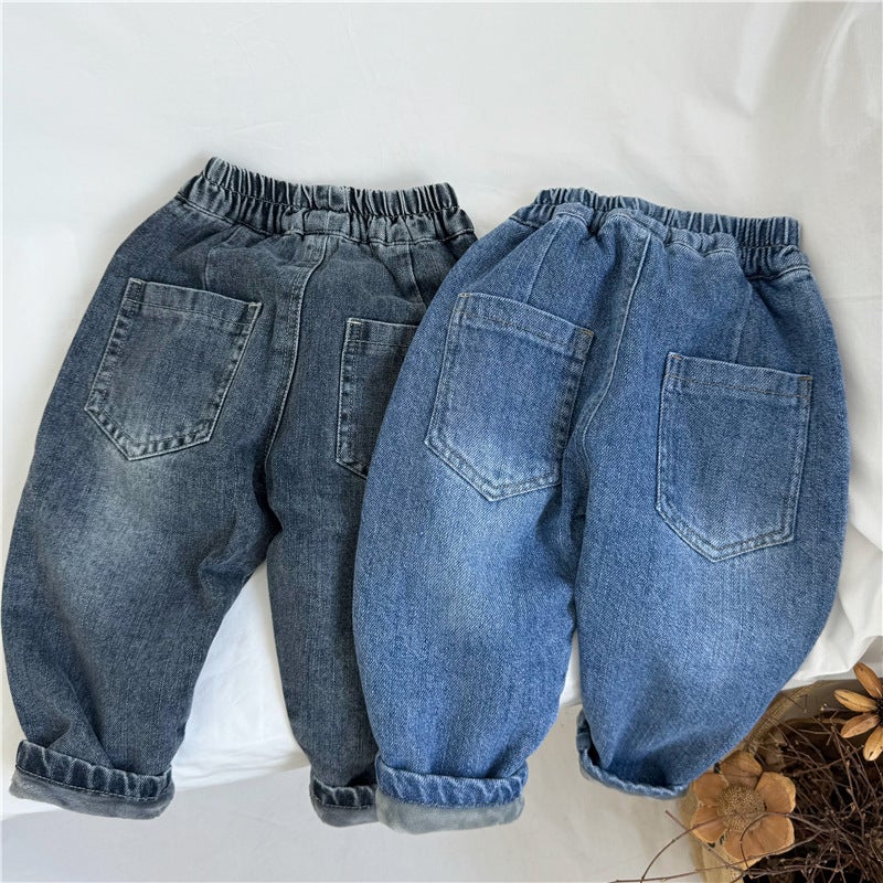 Gl-Kids Korean Style Winter Children'S Fleece-Lined Thickened Denim Hallen Pants Baby Boys And Girls All-Match Warm Carrot Pants - Image 5