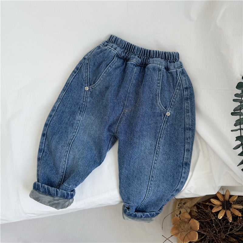 Gl-Kids Korean Style Winter Children'S Fleece-Lined Thickened Denim Hallen Pants Baby Boys And Girls All-Match Warm Carrot Pants - Image 1