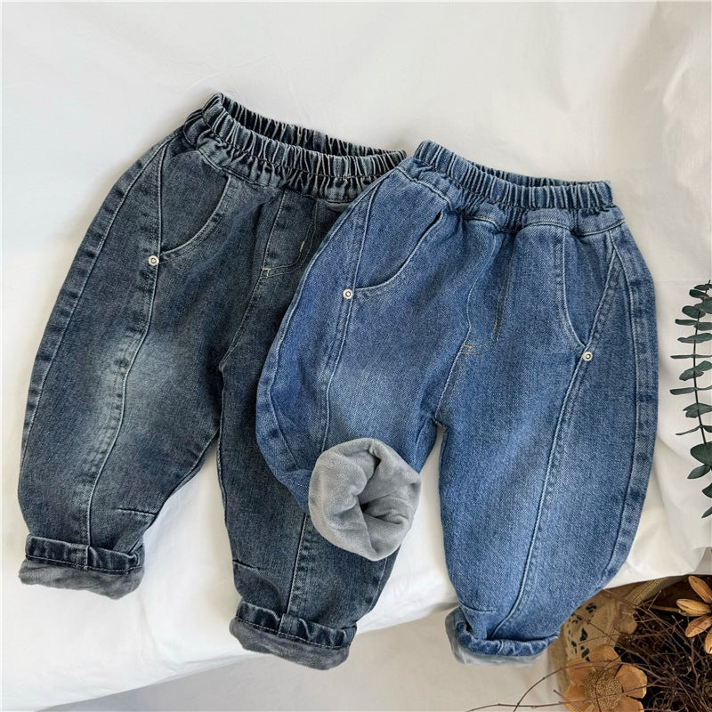Gl-Kids Korean Style Winter Children'S Fleece-Lined Thickened Denim Hallen Pants Baby Boys And Girls All-Match Warm Carrot Pants - Image 2