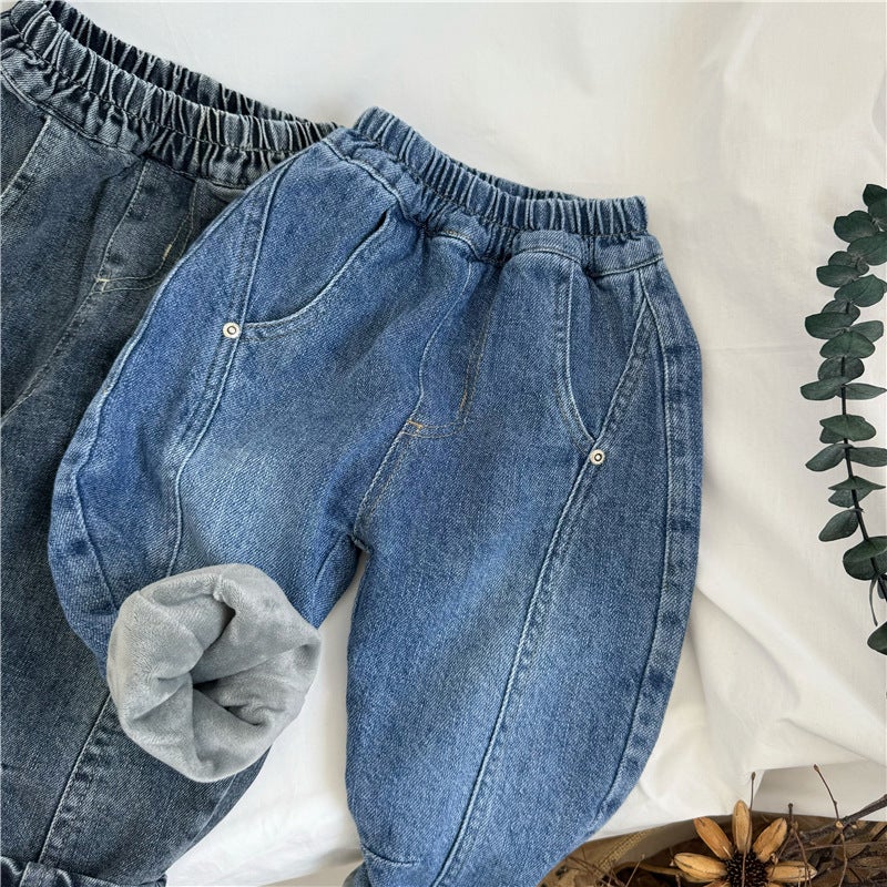 Gl-Kids Korean Style Winter Children'S Fleece-Lined Thickened Denim Hallen Pants Baby Boys And Girls All-Match Warm Carrot Pants - Image 3