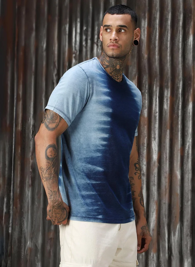 هاي ستار Men's Mid Blue Single Jersey Printed Regular Fit T-Shirt