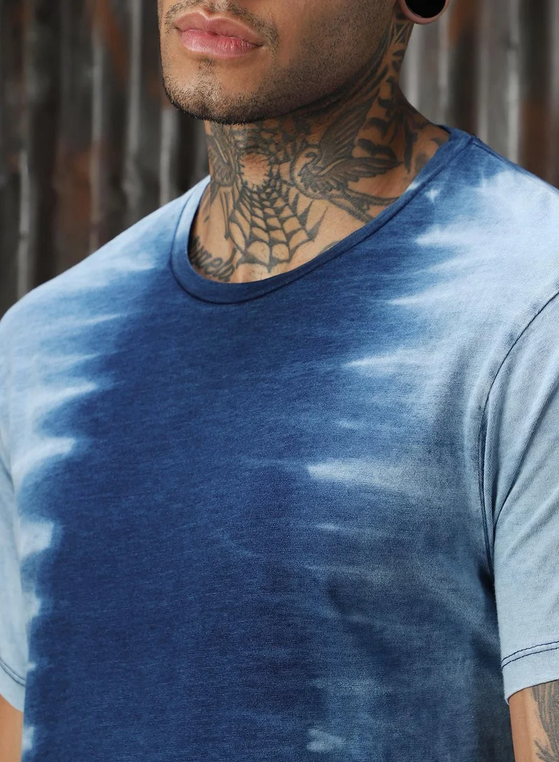 HIGH STAR Men's Mid Blue Single Jersey Printed Regular Fit T-Shirt