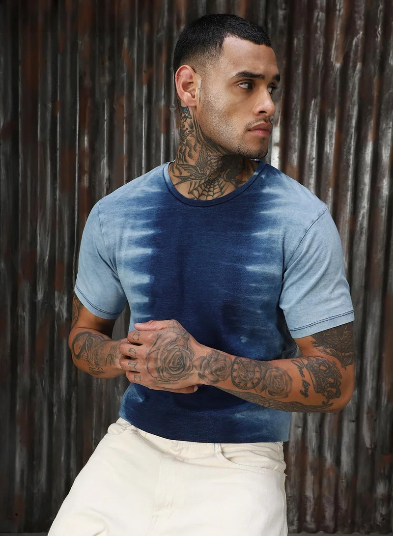 هاي ستار Men's Mid Blue Single Jersey Printed Regular Fit T-Shirt