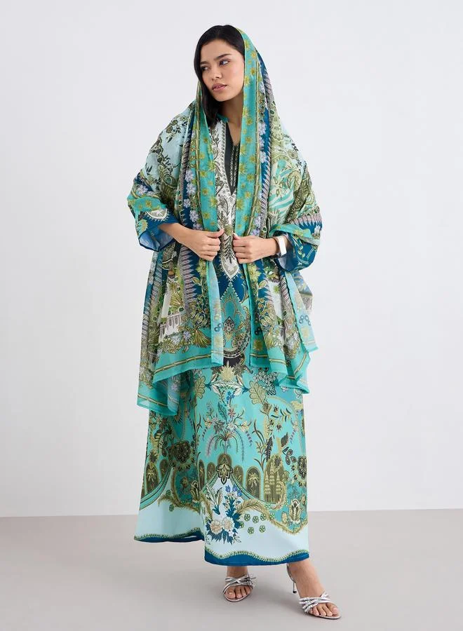 Amirah Amirah Women Green Maxi Jalabiya with Matching Scarf
