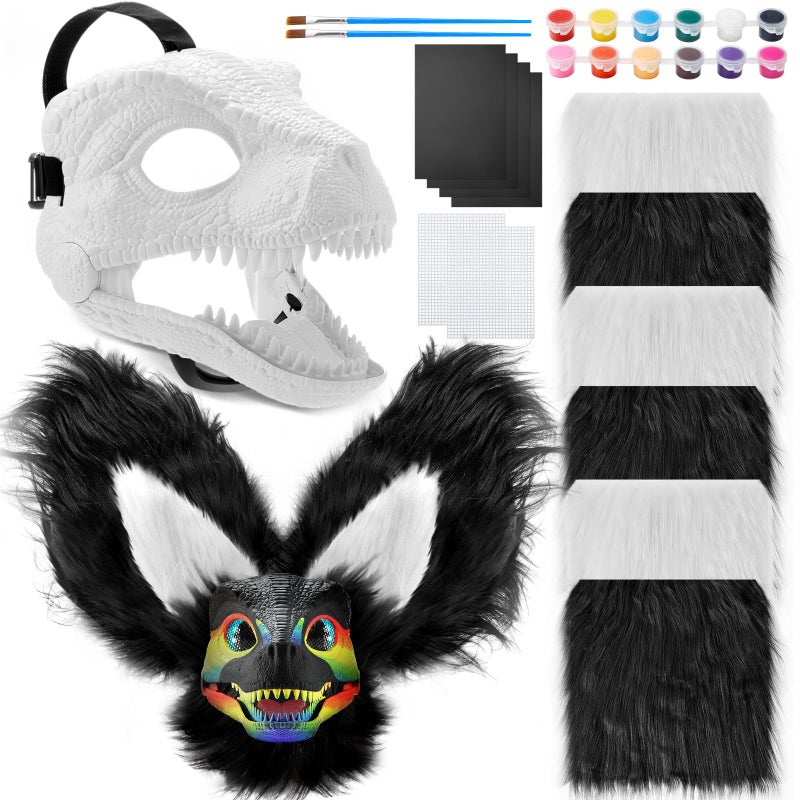 Seenelling 13 Pcs DIY Dino Mask Kit Hard Plastic Dinosaur Mask Furry Therian Dino Costume Kit Animal Dinosaur Party CostumeBlack White - Image 2