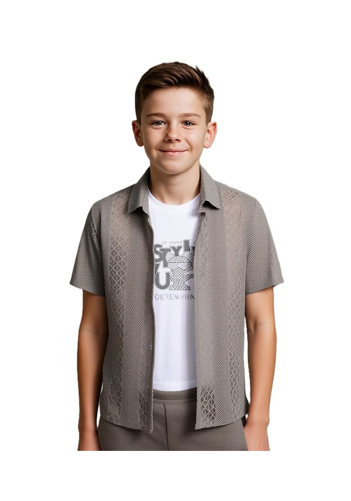 CHARCHIT Boys Cotton Blend Half Sleeves Casual Shirt and T-Shirt Set in Grey - Image 1