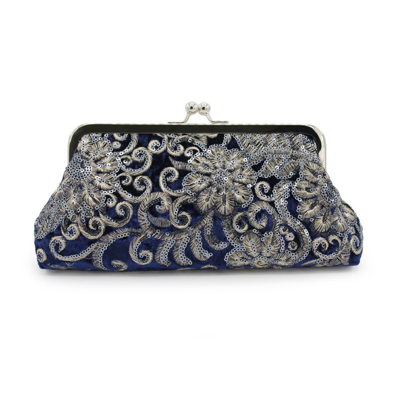 Vintage Sequin Beaded Black Velvet Clutch with Rhinestone Embellishment for Evening and Formal Occasions - Image 1