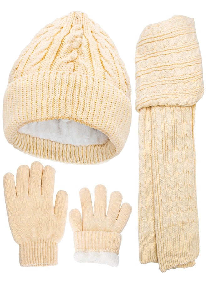 Prupoky Kids Girls Winter Hat Gloves Set-Toddler Girls Boys Fleece Lined Beanie Hat and Gloves with Kint Neck Long Scarf Beige Small - Image 1