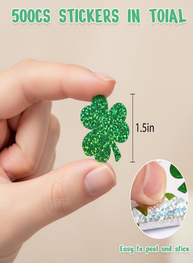 Suny Smiling 500Pcs Lucky St Patricks Day Shamrock Stickers, Laser Sparkly Clover Seal Decals, Green & Yellow Holographic Waterproof Self-Adhesive Labels Tag for Irish Party Envelope Journal Scrapbook Crafts - Image 2