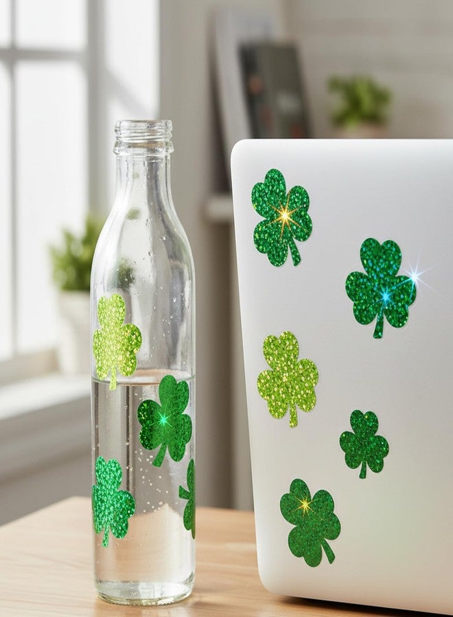 Suny Smiling 500Pcs Lucky St Patricks Day Shamrock Stickers, Laser Sparkly Clover Seal Decals, Green & Yellow Holographic Waterproof Self-Adhesive Labels Tag for Irish Party Envelope Journal Scrapbook Crafts - Image 3