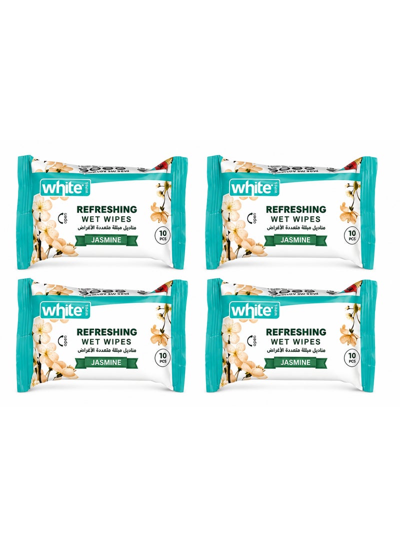 White Jasmine-Scented Pocket Wet Wipes – 10 Wipes × 4 Packs (40 Wipes Total) - Image 1