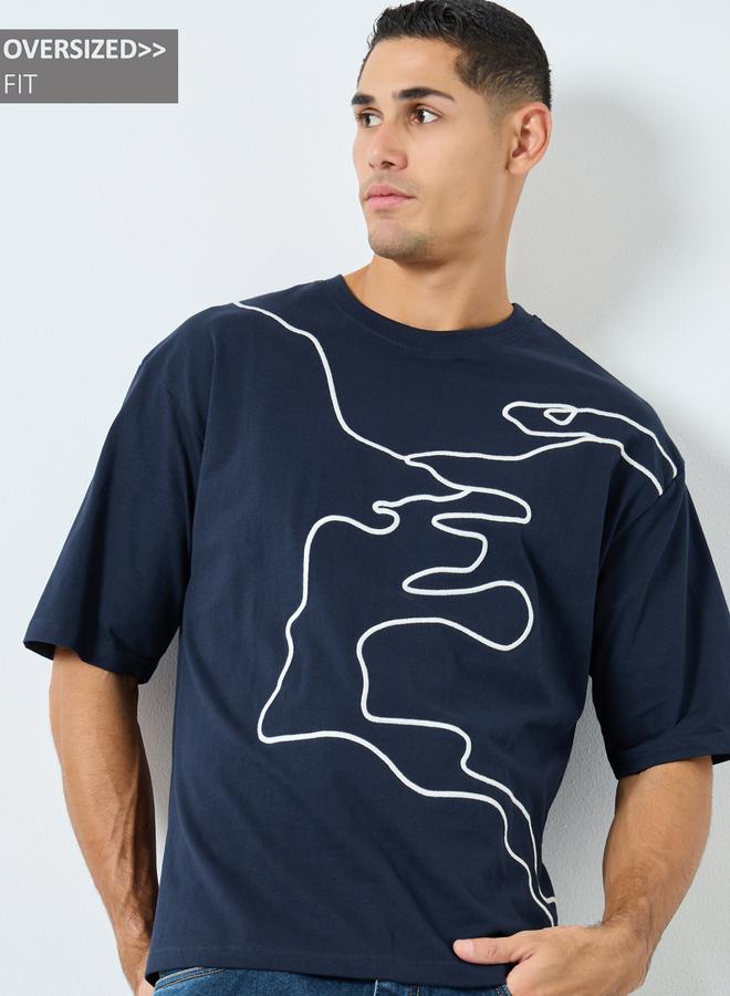 Styli Navy Blue Oversized Embroidered T-Shirt - Image 1