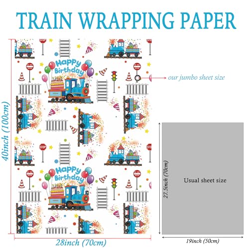 SaringSwoon Birthday Train Wrapping Paper for Boys Kid - White Gift Wrap With Train Happy Birthday Balloons, Cake and Gifts Train Tracks for Baby Shower - 28x40 Inches, 4 Folded Sheets - Image 4