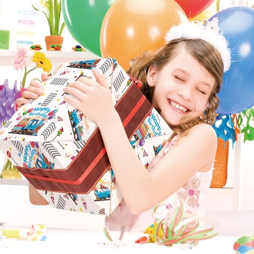 SaringSwoon Birthday Train Wrapping Paper for Boys Kid - White Gift Wrap With Train Happy Birthday Balloons, Cake and Gifts Train Tracks for Baby Shower - 28x40 Inches, 4 Folded Sheets - Image 2