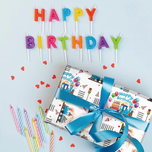 SaringSwoon Birthday Train Wrapping Paper for Boys Kid - White Gift Wrap With Train Happy Birthday Balloons, Cake and Gifts Train Tracks for Baby Shower - 28x40 Inches, 4 Folded Sheets - Image 5