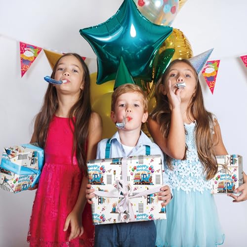 SaringSwoon Birthday Train Wrapping Paper for Boys Kid - White Gift Wrap With Train Happy Birthday Balloons, Cake and Gifts Train Tracks for Baby Shower - 28x40 Inches, 4 Folded Sheets - Image 3