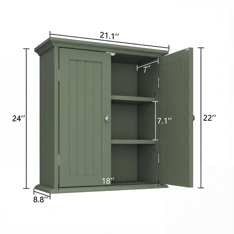 ChooChoo Bathroom Wall Cabinet, Over The Toilet Space Saver Storage Cabinet, Medicine Cabinet with 2 Door and Adjustable Shelves, Cupboard, Green - Image 3