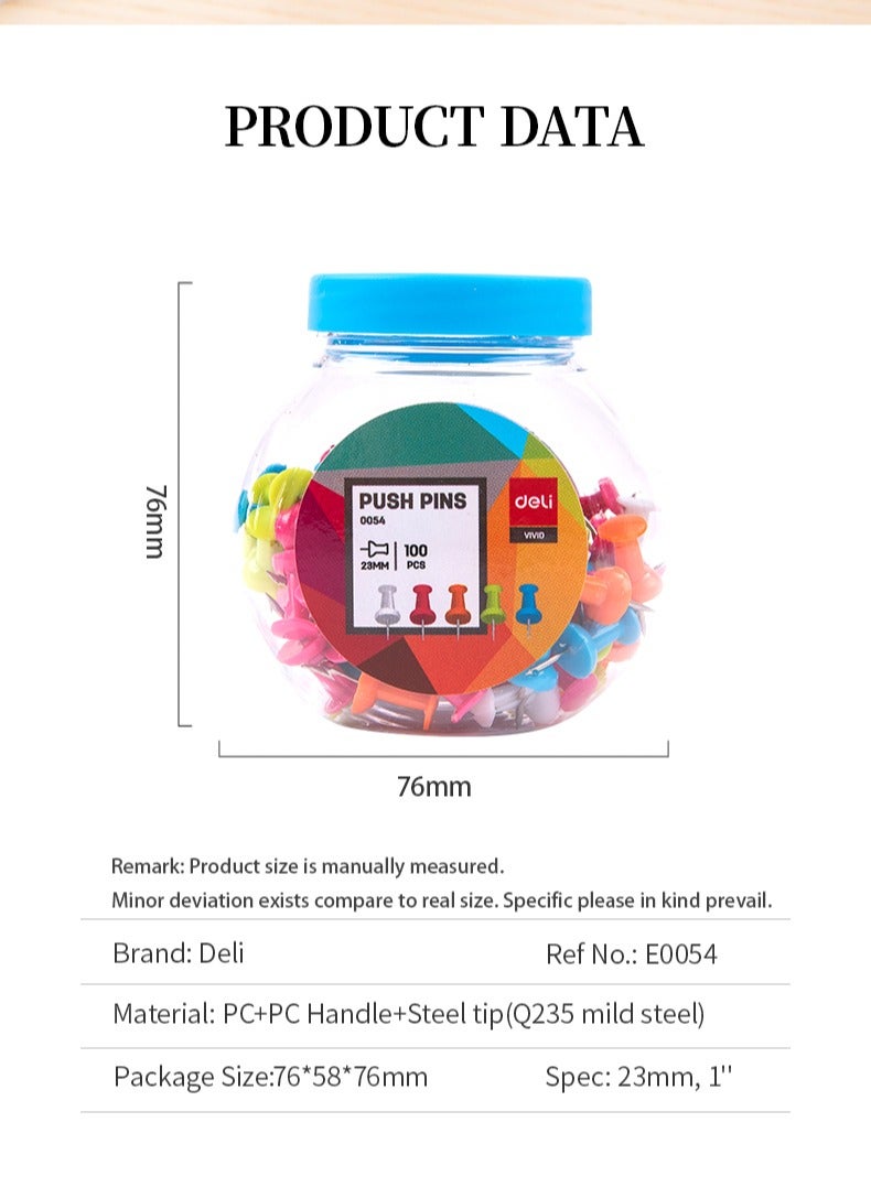 Deli E0054 Push Pins - 23mm, 1", 100 PCS/Tube, Assorted Colors - Image 2