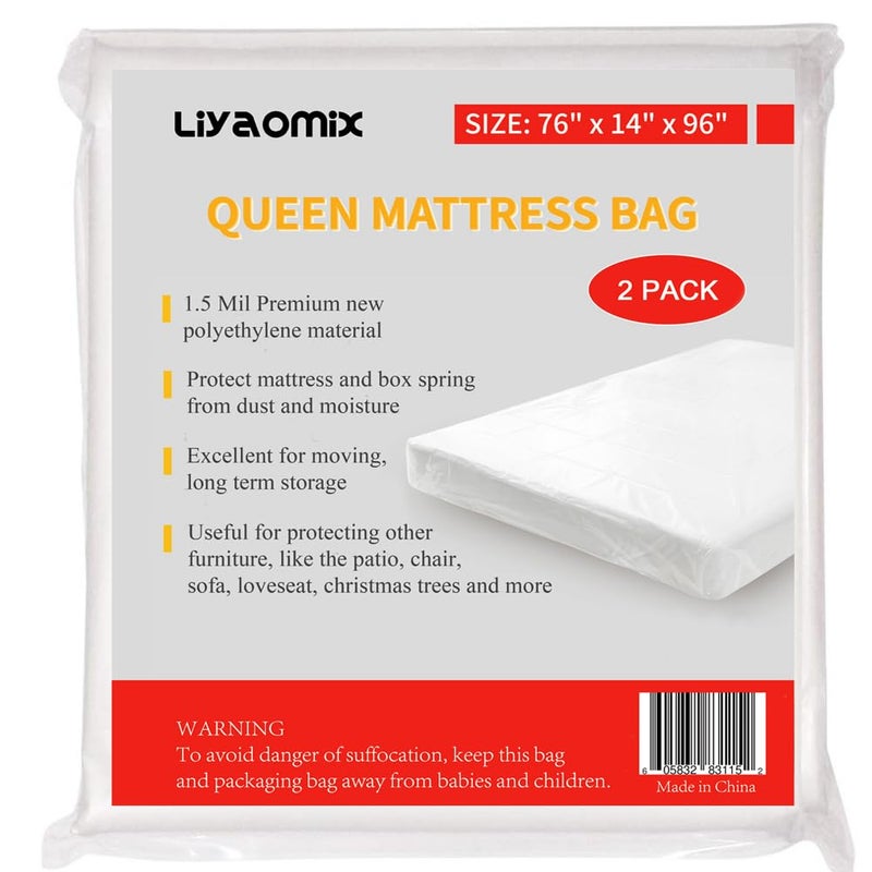 Liyaomix 2 Pack Queen Mattress Bags for Moving and Storage 15 Mil 76 x 96 Clear Plastic Disposal Mattress Bags Covers