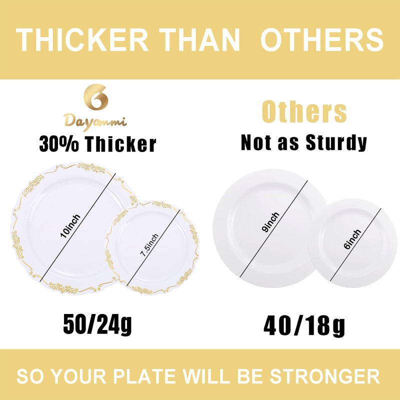 DaYammi 60PCS White and Gold Plastic Plates, Gold Rim Plates Disposable Heavy Duty Disposable Plate Premium 10inch White Dinner Plate Hard Plastic Platos for Party Wedding Bridal Shower - Image 4