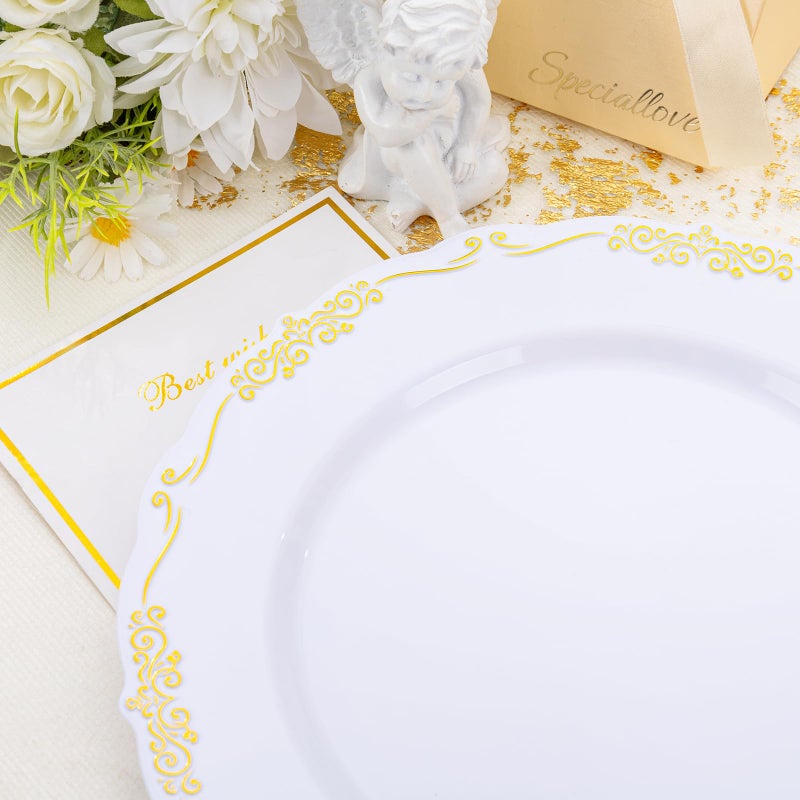 DaYammi 60PCS White and Gold Plastic Plates, Gold Rim Plates Disposable Heavy Duty Disposable Plate Premium 10inch White Dinner Plate Hard Plastic Platos for Party Wedding Bridal Shower - Image 3