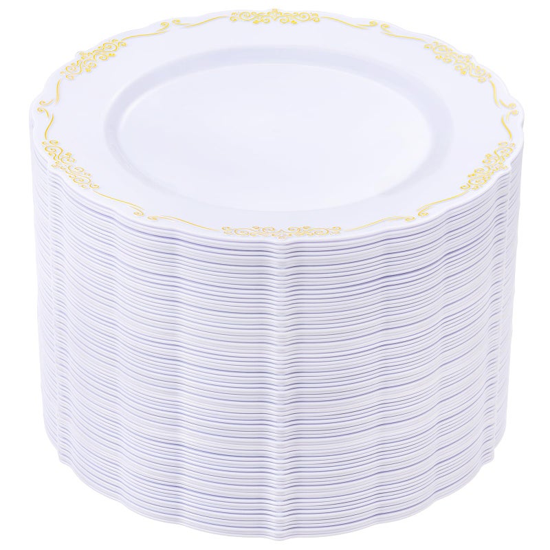 DaYammi 60PCS White and Gold Plastic Plates, Gold Rim Plates Disposable Heavy Duty Disposable Plate Premium 10inch White Dinner Plate Hard Plastic Platos for Party Wedding Bridal Shower - Image 1