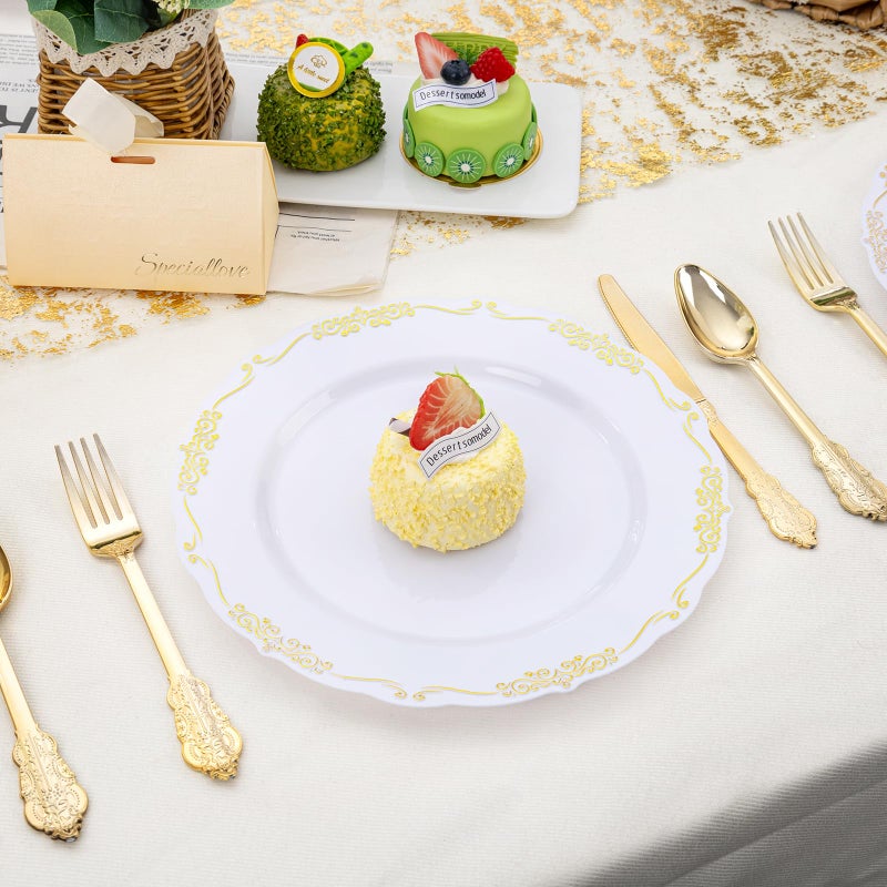 DaYammi 60PCS White and Gold Plastic Plates, Gold Rim Plates Disposable Heavy Duty Disposable Plate Premium 10inch White Dinner Plate Hard Plastic Platos for Party Wedding Bridal Shower - Image 2