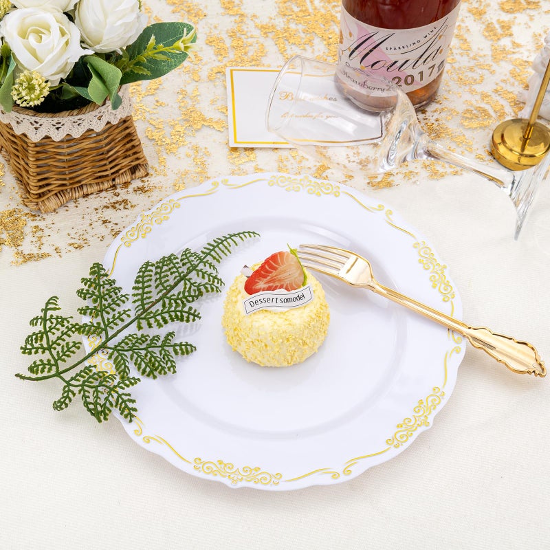 DaYammi 60PCS White and Gold Plastic Plates, Gold Rim Plates Disposable Heavy Duty Disposable Plate Premium 10inch White Dinner Plate Hard Plastic Platos for Party Wedding Bridal Shower - Image 5