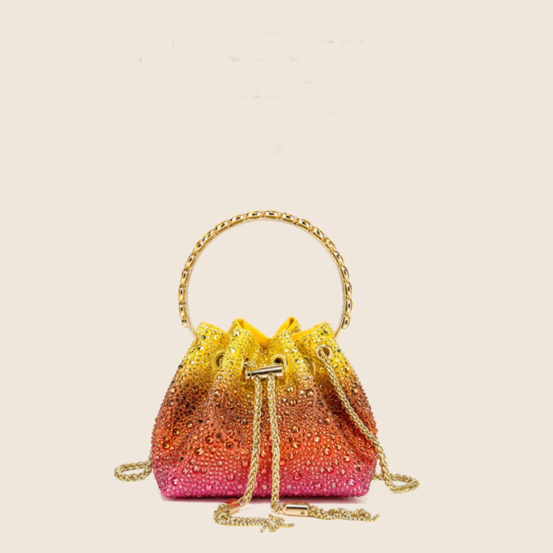 2026 New Volcanic Stone Circular Bucket Bag with Colorful Drawstring and Rhinestones, Single Shoulder Crossbody Handbag for Women - Image 3