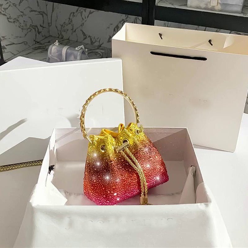 2026 New Volcanic Stone Circular Bucket Bag with Colorful Drawstring and Rhinestones, Single Shoulder Crossbody Handbag for Women - Image 4