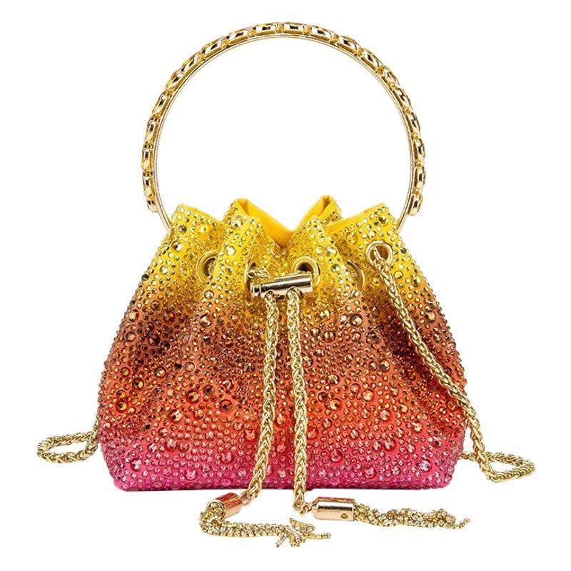 2026 New Volcanic Stone Circular Bucket Bag with Colorful Drawstring and Rhinestones, Single Shoulder Crossbody Handbag for Women - Image 2