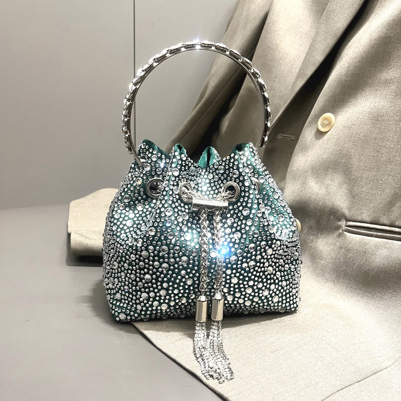 2026 New Volcanic Stone Circular Bucket Bag with Colorful Drawstring and Rhinestones, Single Shoulder Crossbody Handbag for Women - Image 1