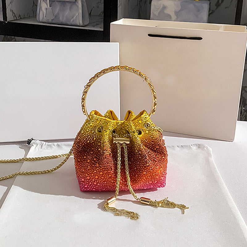 2026 New Volcanic Stone Circular Bucket Bag with Colorful Drawstring and Rhinestones, Single Shoulder Crossbody Handbag for Women - Image 5