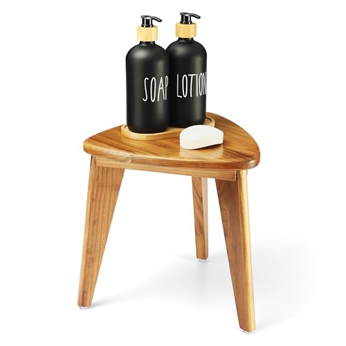TEAKAURA Teak Shower Stool, Teak Shower Bench, 12'' Spa Shower Foot Rest for Shaving Legs, Waterproof Wood Chair for Inside Shower, Organizer Wooden Stool, Corner Seat for Bathroom Livingroom - Image 1