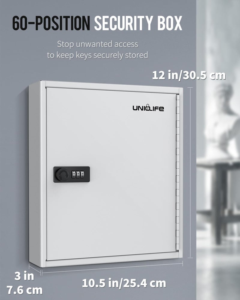 Uniclife 60 Position Slotted Key Cabinet with Combination Lock Resettable White Digital Security Storage Box Steel Key Organizer with Slotted Racks White Key Tag Labels and Permanent Pen - Image 2