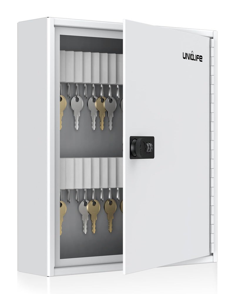 Uniclife 60 Position Slotted Key Cabinet with Combination Lock Resettable White Digital Security Storage Box Steel Key Organizer with Slotted Racks White Key Tag Labels and Permanent Pen - Image 1