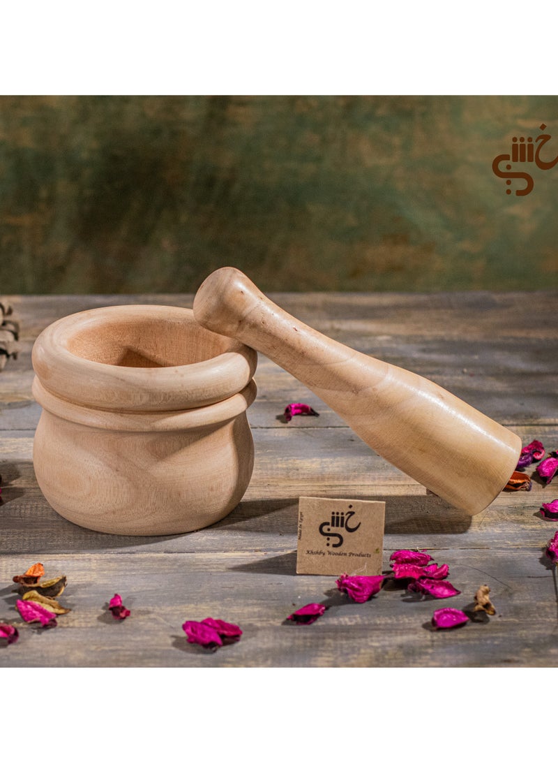 هون خشب للتوابل  مصنوع من الخشب الطبيعى و معالج بزيت الزيتون مقاس كبير عمق ١٢ سم-هون ومدقة من الخشب  الطبيعى الصحى لطحن الثوم والقهوة والتوابل والاعشاب  - Image 1