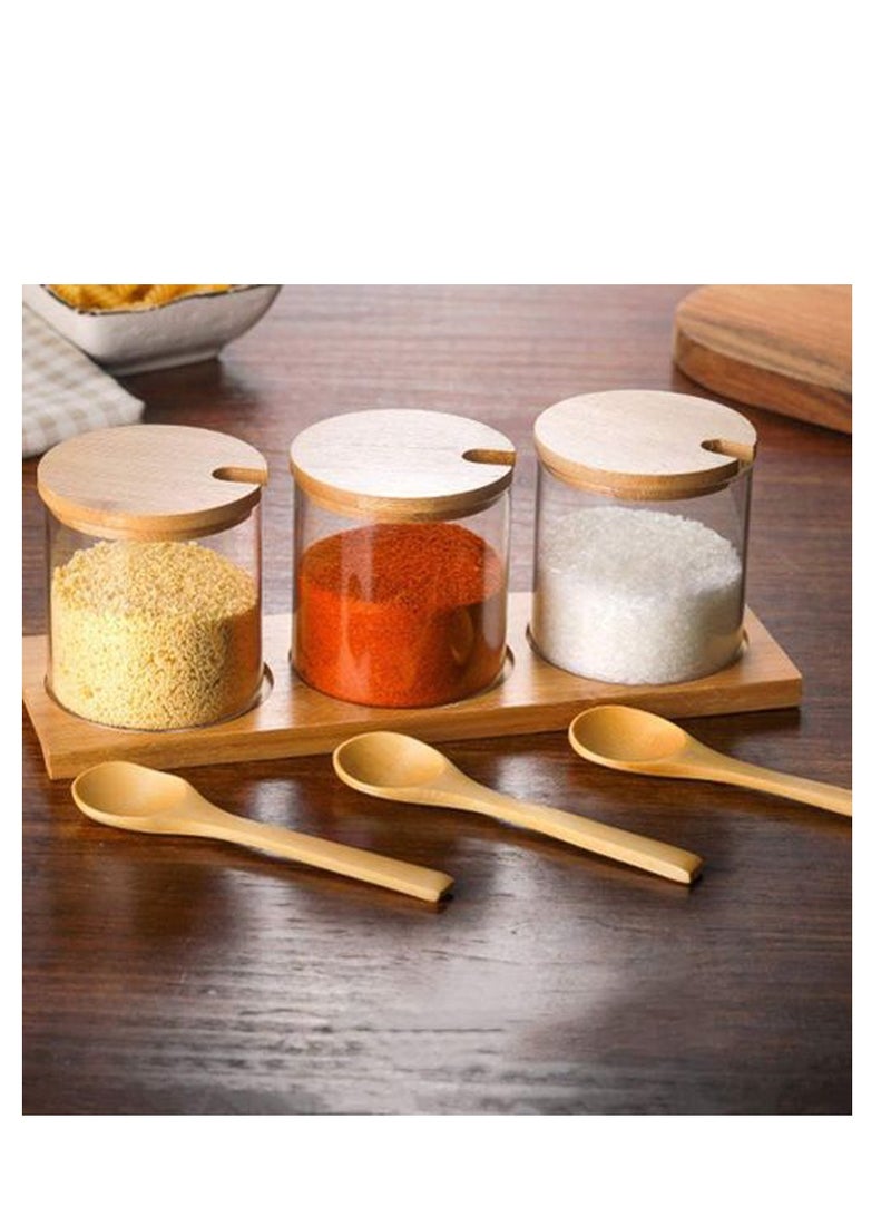 3 Pcs Glass Spice Set With Lids, Spoons And Base, Elegant Premium Spice Set For Kitchen  - Image 1