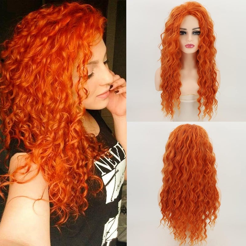 Fencca Orange Wig Long Curly Wigs for Women Heat Synthetic Wave Curly Wig Deep Curly Free Part Puffy Wigs for Daily Party Costume Wig