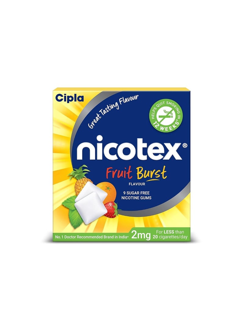 Cipla Nicotex Nicotine Sugar Free Fruit Burst Gums 2mg | Helps to Quit Smoking | WHO-approved Therapy | 9 Gums per Pack | Pack of 1 - Image 1