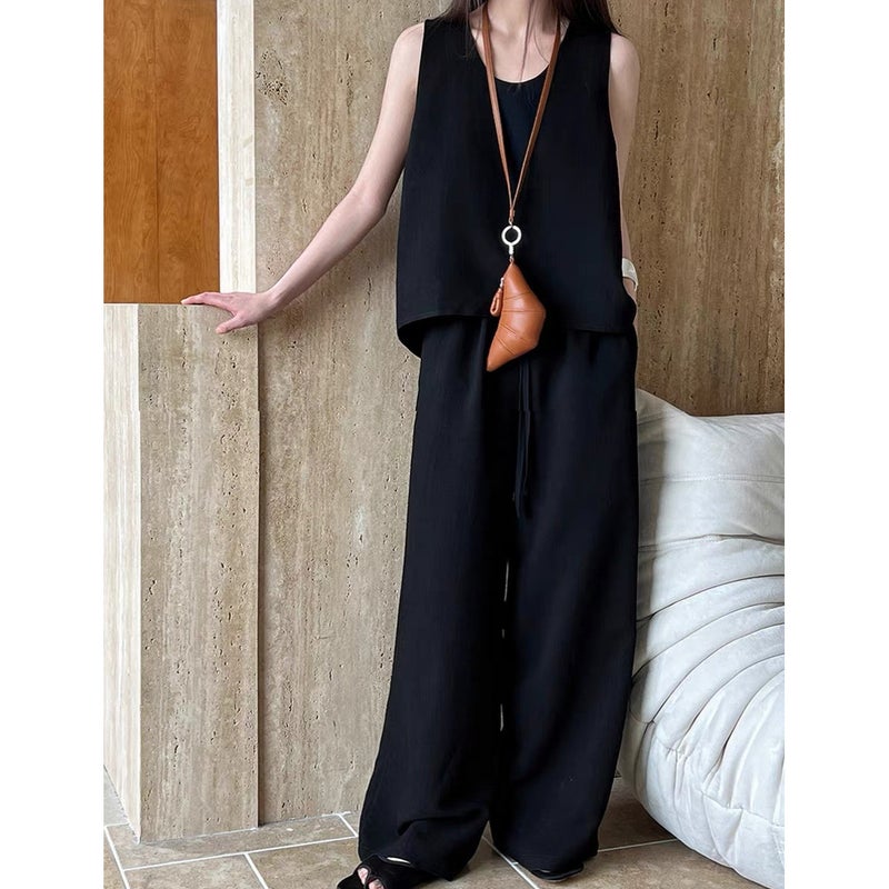 Women's Casual Two-Piece Set - Tank Top & Wide-Leg Pants, Old Money Style, Apricot/Black - Image 4
