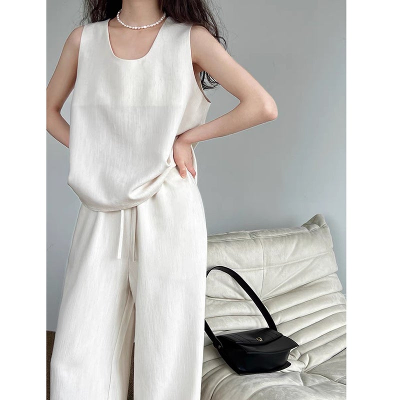 Women's Casual Two-Piece Set - Tank Top & Wide-Leg Pants, Old Money Style, Apricot/Black - Image 1