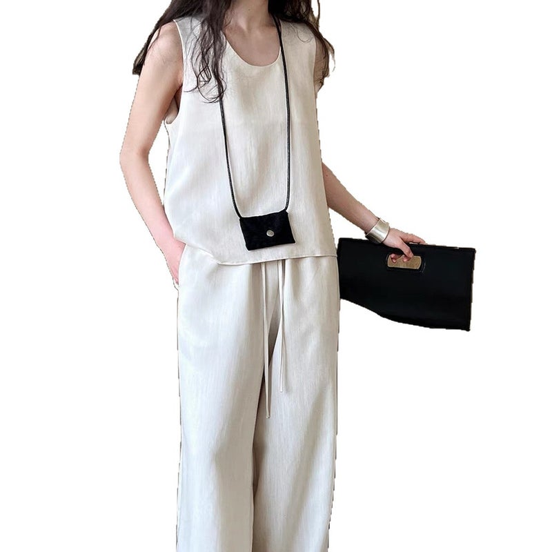 Women's Casual Two-Piece Set - Tank Top & Wide-Leg Pants, Old Money Style, Apricot/Black - Image 5