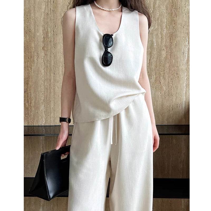 Women's Casual Two-Piece Set - Tank Top & Wide-Leg Pants, Old Money Style, Apricot/Black - Image 3