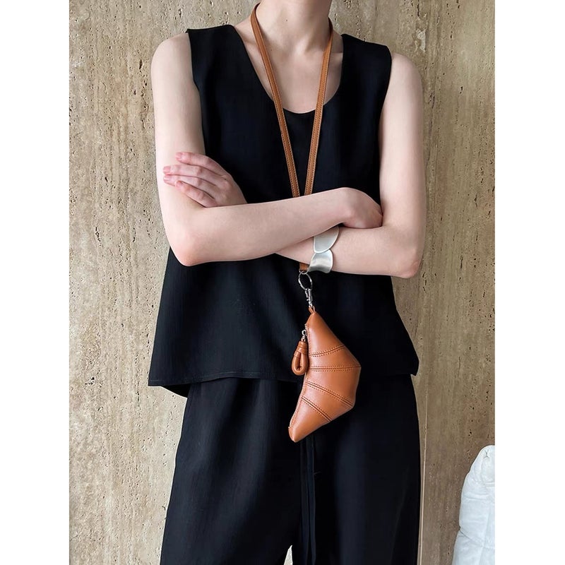 Women's Casual Two-Piece Set - Tank Top & Wide-Leg Pants, Old Money Style, Apricot/Black - Image 2