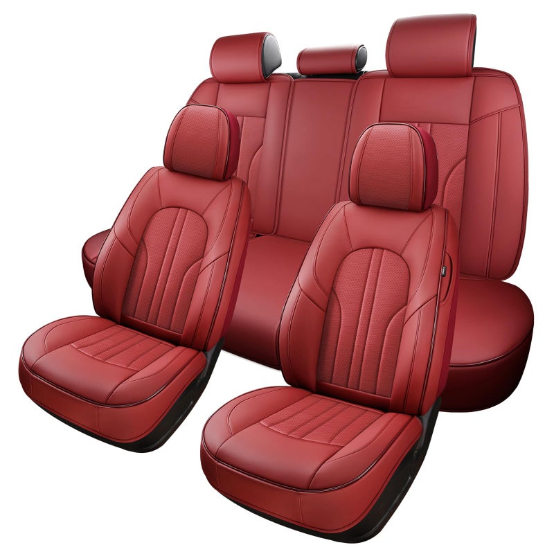 MINGBRON Red Car Seat Covers,Leather Car Seat Cover, Waterproof Seat Covers Full Set, Fit RAV4 Accord Altima Rogue CX5 CRV Wine Red - Image 1