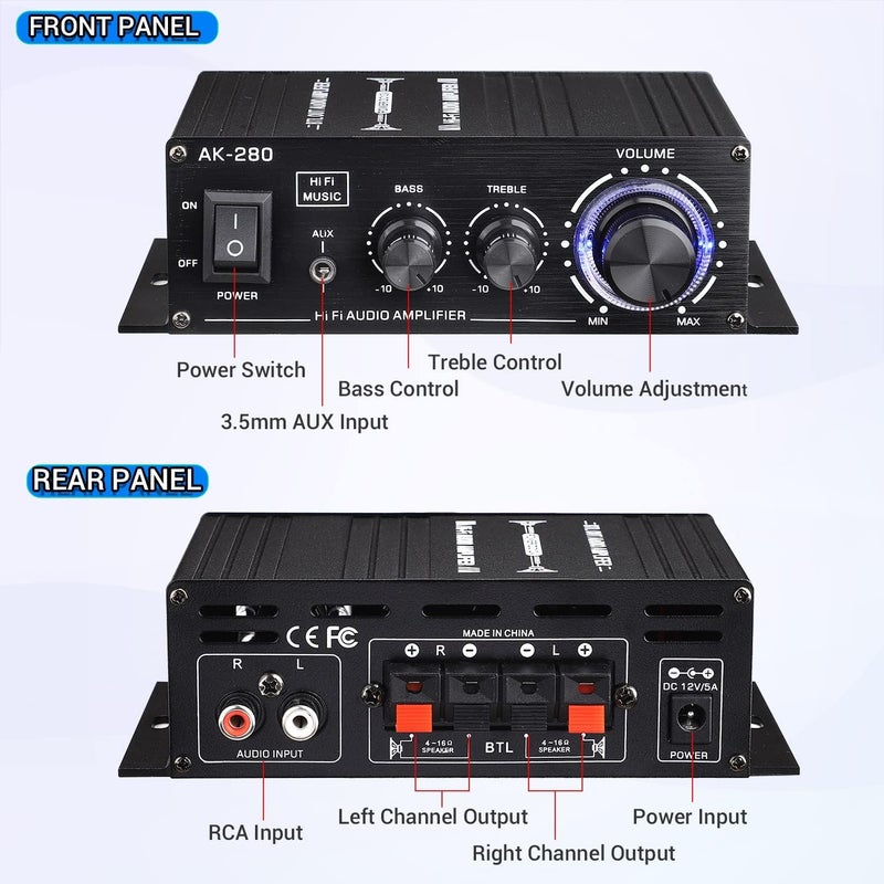 Facmogu مضخم الصوت Facmogu AK280 200W+200W Mini 2.0 CH مع مزود الطاقة - Image 3