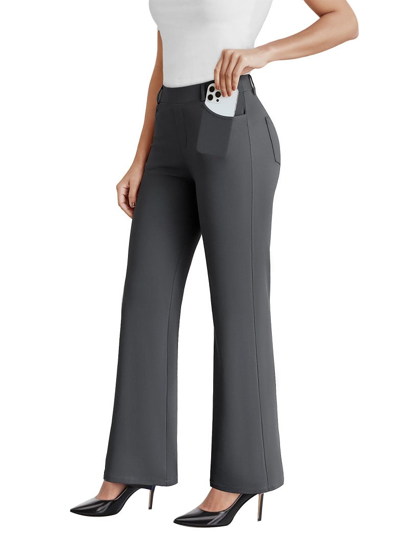DLOODA Dress Work Pants Women Business Casual Slack Trousers Stretchy Pull On Office Flare Pants with Pocketsï¼ˆDeep Grey Mï¼‰ - Image 1